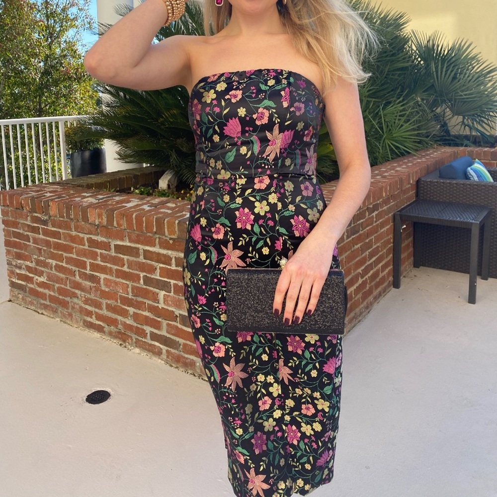 Lulus Make a Move Black Satin Floral Jacquard Strapless Midi Dress